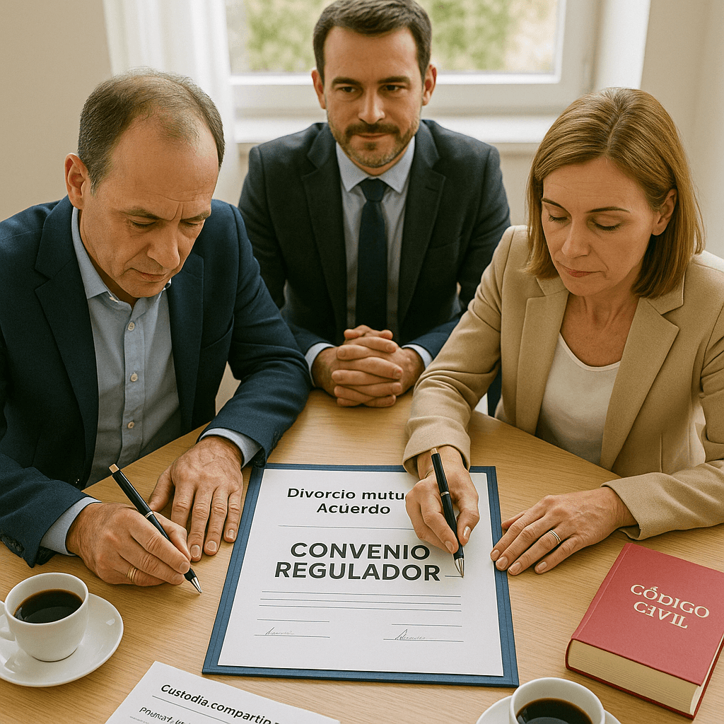Pareja firmando el convenio regulador de un divorcio de mutuo acuerdo en despacho de abogados en Segovia